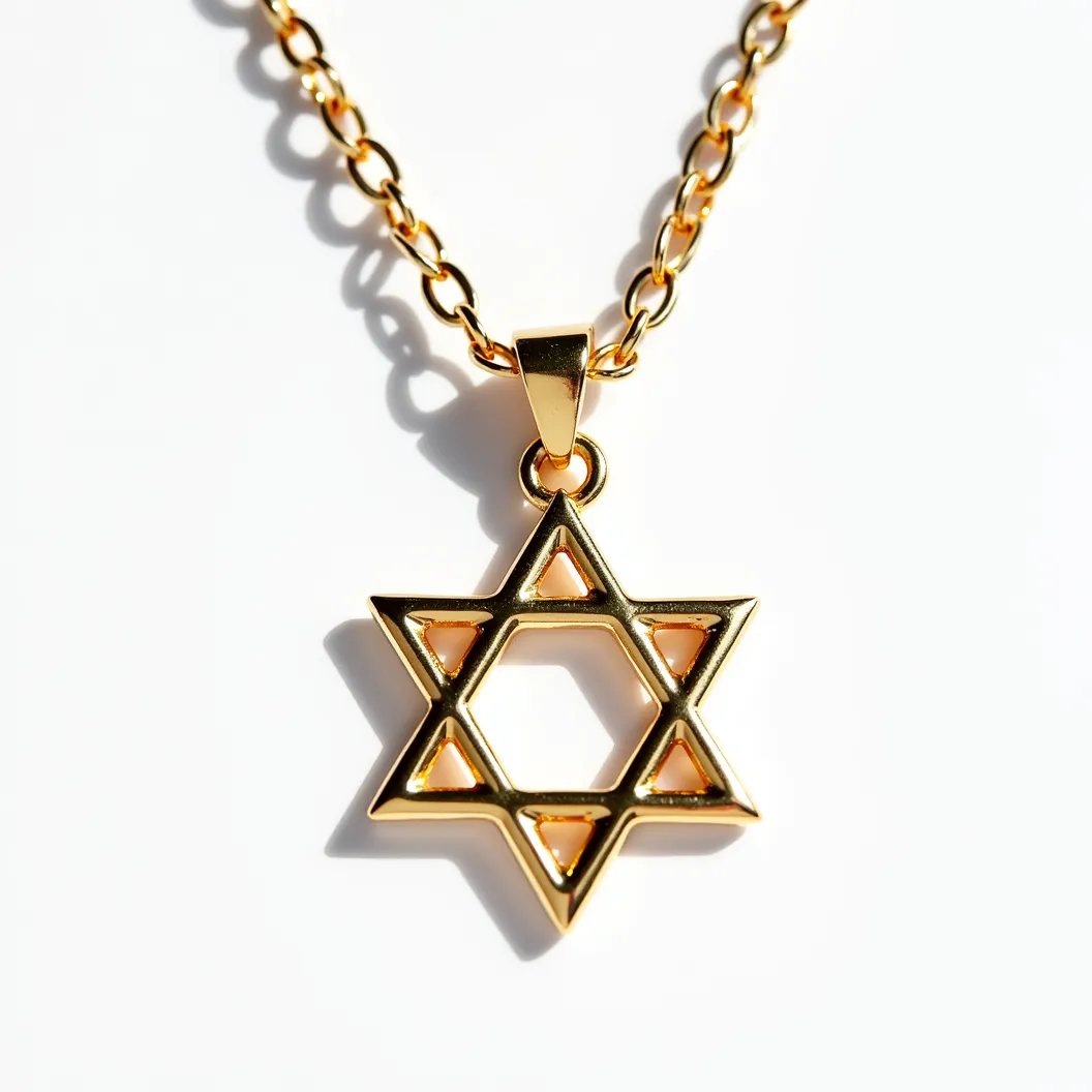 This Jewish star necklace features a gold-toned Star of David pendant with a sleek and polished finish, highlighted by its minimalist and geometrically clean lines. The pendant is suspended on a matching gold-toned chain, which links seamlessly to a simple bail that allows the star to hang freely. The design does not incorporate any stones or gems, maintaining a uniform metallic appearance throughout. The necklace appears to be secured with a standard clasp, likely a lobster or spring ring type, providing a secure and comfortable wear. The overall aesthetic is both elegant and understated, making it suitable for various occasions.