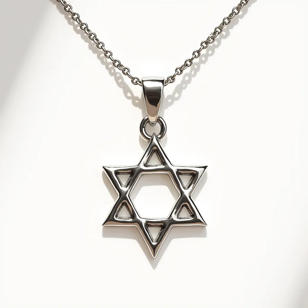 This Jewish star necklace features a sleek, polished metal Star of David pendant crafted in a minimalist style. The pendant is suspended from a delicate metallic chain that complements its modern design. The necklace is attached to the chain with a simple, secure bail, ensuring durability and ease of wear. There are no gemstones or additional adornments, focusing on the elegance of the star's geometric form. This design emphasizes a contemporary aesthetic while maintaining the timeless symbolism of the Star of David.