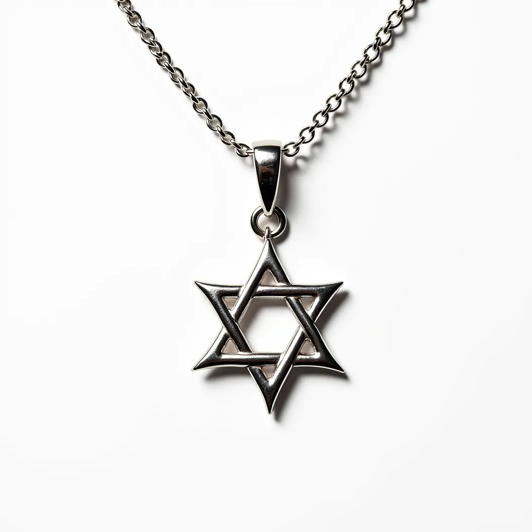 This Jewish star necklace features a polished metal Star of David pendant, intricately interlocked to form the iconic six-pointed design. The pendant is crafted from a silver-tone metal that gives it a sleek and modern appearance. Hanging from a sturdy chain, the necklace is both stylish and durable. The pendant is attached with a simple yet elegant jump ring, which connects to a classic chain link. The necklace is finished with a standard lobster clasp that ensures secure fastening, making it both a meaningful and practical accessory.