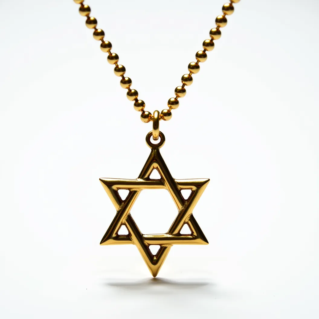 This Jewish star necklace features a Star of David pendant crafted from what appears to be a polished gold material, exuding a warm, lustrous sheen. The star has a smooth and slightly rounded design, adding an elegant touch to its geometric form. It hangs from a chain composed of small, spherical beads, also gold in hue, contributing to a cohesive and seamless aesthetic. The pendant is connected to the chain through a small, matching gold loop at the top of the star, providing a secure attachment. The design is both minimalist and classic, emphasizing the symbolic nature of the piece.