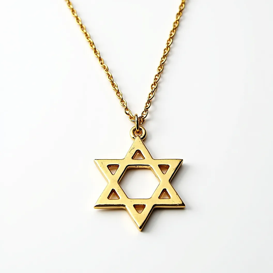 This Jewish star necklace features a gold-toned Star of David pendant with a polished and smooth finish. The pendant is designed with clean lines and precise geometric angles, providing a contemporary and elegant look. It is suspended from a gold-toned chain, which is linked with a small loop attachment at the top of the star. The necklace is secured with a typical spring clasp, ensuring ease of wear and security. The overall design is understated, focusing on the symbolic shape and the shine of the material, with no additional gems or stones embellishing the piece.