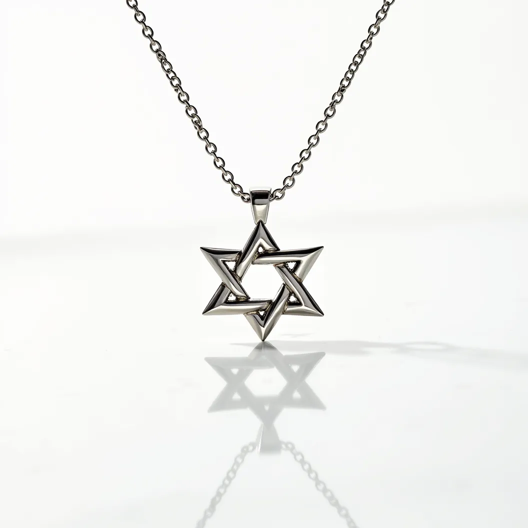 This Jewish star necklace features a sleek, modern design with an elegant interlocking Star of David pendant. It's crafted from a polished metal, likely sterling silver or stainless steel, that gives it a shiny and sophisticated appearance. The pendant has a bold and geometric design with smooth, angular edges that create a striking visual impact. The necklace is attached to a sturdy chain made of matching material, providing a cohesive look. The pendant is secured with a simple loop allowing it to move freely along the chain. The chain is linked and features a traditional clasp for fastening, ensuring it is both secure and easy to wear.