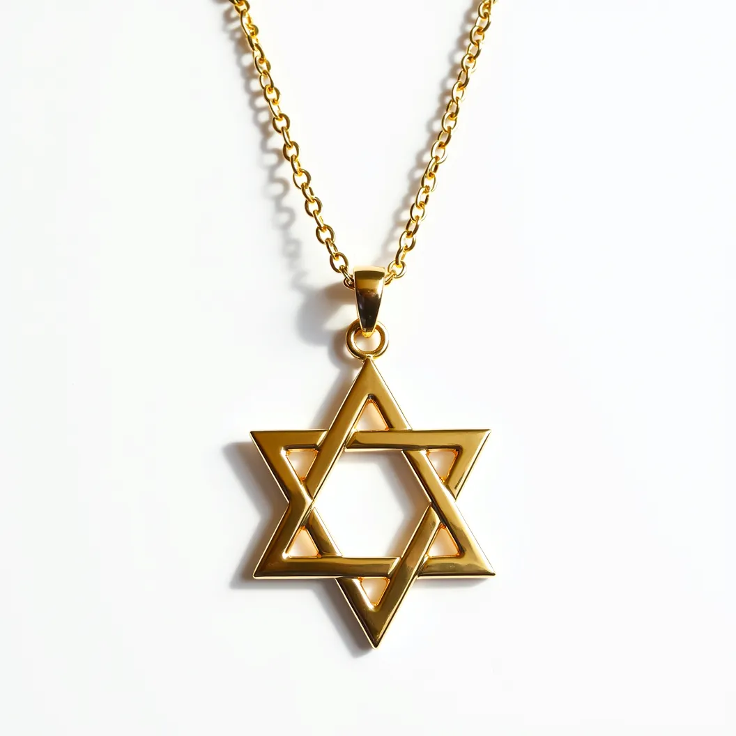 This Jewish star necklace features a beautifully polished gold-colored Star of David pendant. The pendant is crafted with sleek lines, creating a visually stunning geometric design. It hangs from a matching gold chain that complements the pendant’s finish. The chain is a simple yet elegant link design, providing durability and style. The attachment point is a seamless bail that secures the pendant to the chain, ensuring it hangs centrally and attractively around the neck. The necklace is completed with a standard clasp, allowing for easy wearing and removal.