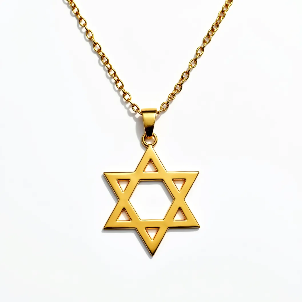 This Jewish star necklace features a sleek, polished Star of David pendant crafted from a rich golden material, possibly gold or gold-plated metal, which gives it a lustrous appearance. The pendant is suspended from a sturdy chain that matches the pendant's golden hue. The necklace includes a simple loop attachment at the top of the star, which connects seamlessly to the chain via a small, polished bail. The chain itself is composed of uniformly shaped links, ensuring durability and a classic aesthetic without visible stones or gems adorning the piece.