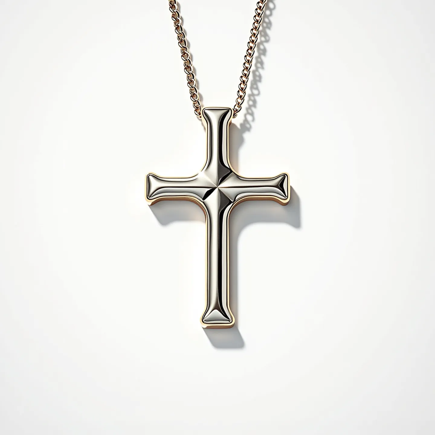 This kids cross necklace features a polished gold-colored cross made from a smooth metal, giving it a sleek and reflective surface. The design is simple and elegant with rounded edges and a slightly beveled center that adds dimension to the piece. The cross is suspended from a delicate chain, which is likely made of the same metal, offering both durability and style. The chain features small, interlocking links that provide flexibility and a secure fit, ending in a standard clasp for easy attachment and removal. The necklace embodies a timeless aesthetic suitable for children.