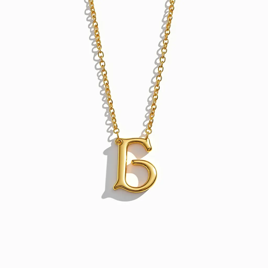 This letter necklace features a prominent gold letter pendant, crafted in a polished finish that gives it a glossy and elegant appearance. The letter is suspended from a matching gold chain, which is composed of small, round links, giving it a delicate yet sturdy structure. The necklace is secured by a small jump ring at the top of the letter, allowing it to hang freely and prominently. The materials appear consistent with high-quality metal craftsmanship, and the necklace likely includes a traditional clasp for fastening at the back, although it is not visible in this view. This piece combines simplicity with a striking personal element, making it suitable for everyday wear or special occasions.