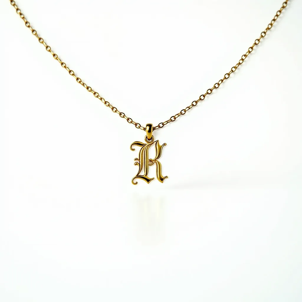 This letter necklace features an ornate letter "R" pendant crafted in a gold-tone metal, emphasizing its elegance and classic style. The pendant is suspended from a delicate chain made of the same material, highlighting the consistent use of gold throughout the piece. The chain is composed of small, interlinked rounded links that provide a smooth and continuous appearance. The letter pendant is attached to the chain via a small, secure bail that connects seamlessly to the chain. This necklace does not feature any gemstones, resulting in a simple yet sophisticated accessory perfect for adding a personal touch to any ensemble.