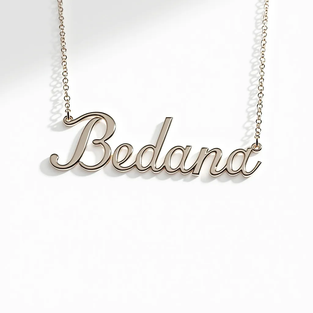 This letter necklace features a cursive design with the name "Bedana" crafted from a shiny metal, likely a polished gold or silver. The letters are connected smoothly, providing an elegant and flowing appearance. The pendant is attached to a delicate chain, which is consistent in appearance with a rope or cable style. There are no additional gemstones or embellishments on the pendant, maintaining a simple and elegant look. The chain appears to have a small, inconspicuous clasp, likely a spring ring or lobster style, allowing for easy attachment and removal.