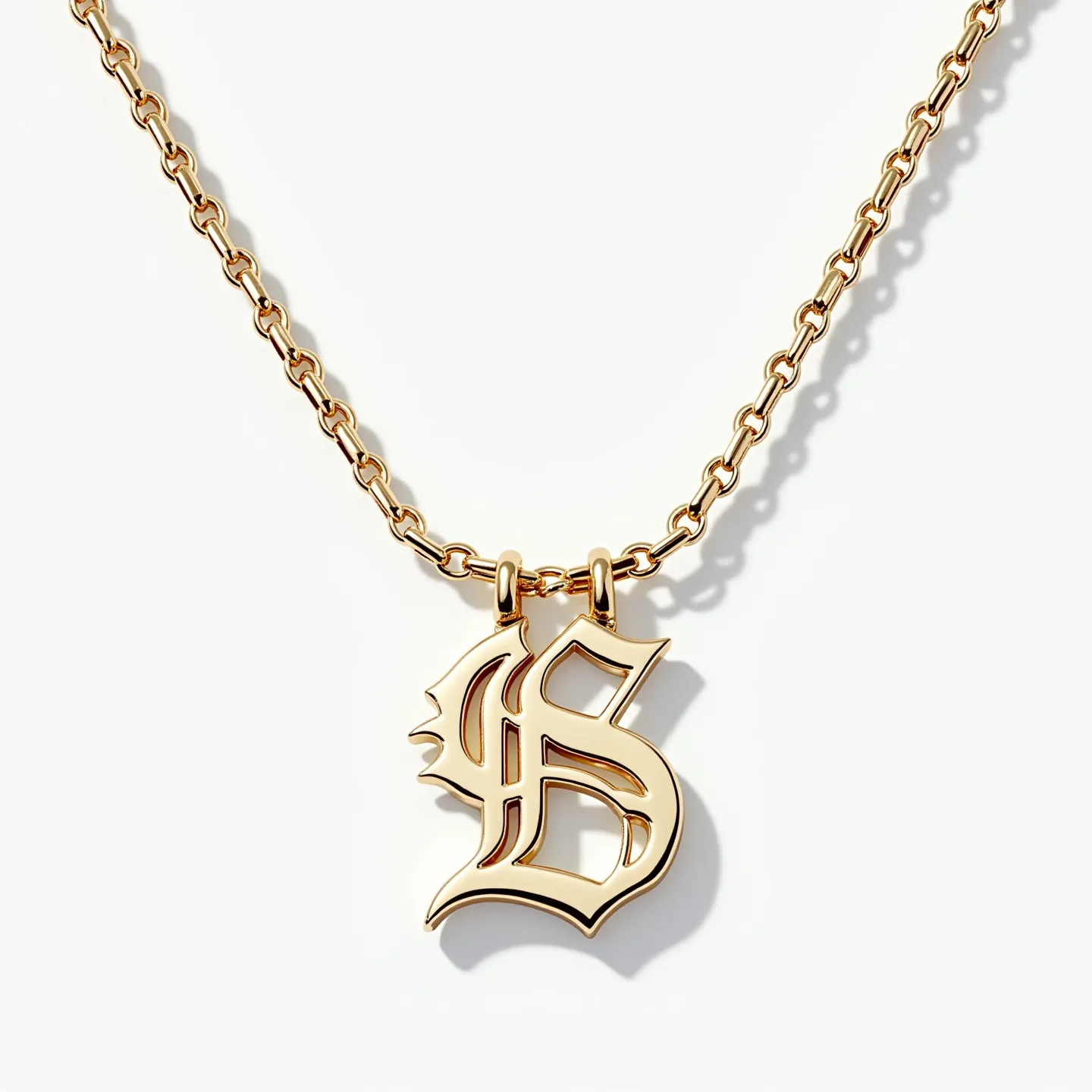 This letter necklace features an ornate gold letter "S" pendant crafted in a classic, stylized font that hangs from a substantial gold chain. The chain appears to be composed of closely linked oval links, offering a sturdy yet elegant design. The pendant is attached to the chain via two small gold loops, providing secure yet flexible movement. There are no visible gems or stones set into the design, emphasizing the polished sheen of the gold material. The necklace includes a simple clasp for easy fastening and removal, aligning with the overall elegant presentation.