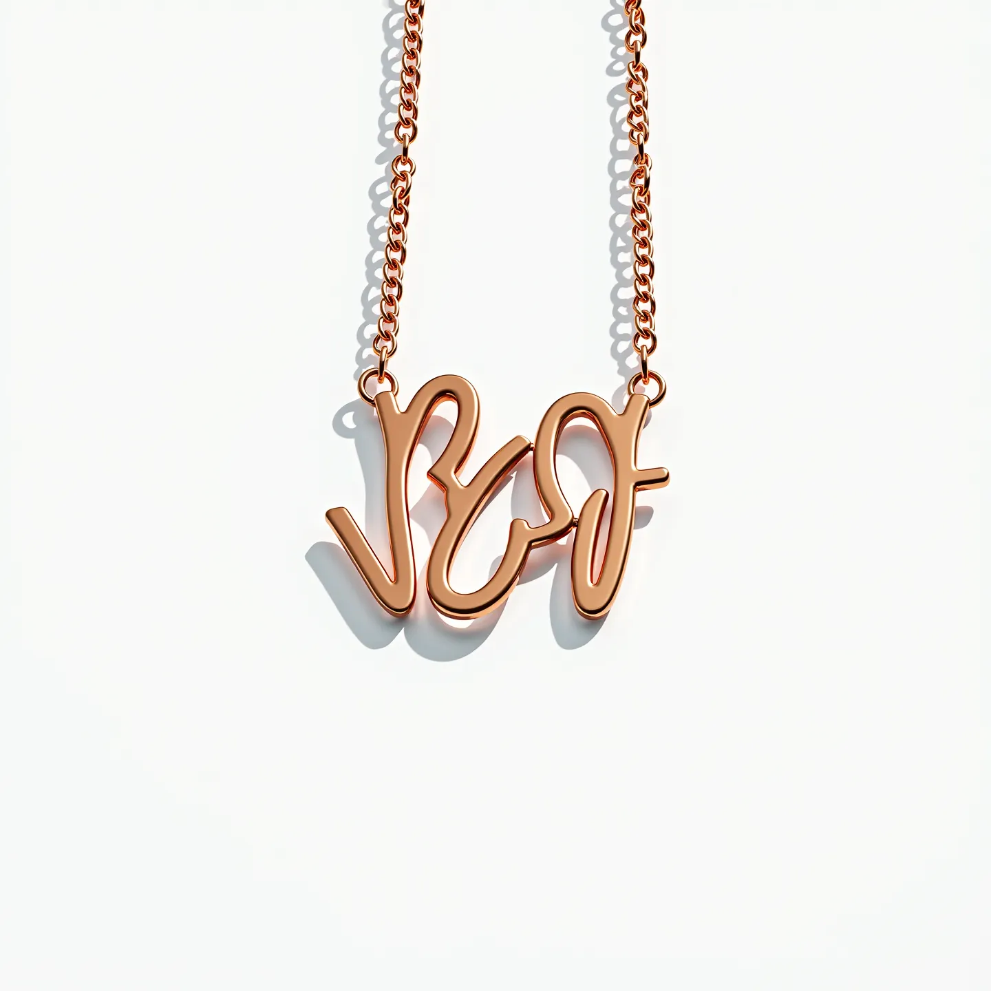 This letter necklace features a beautifully stylized script in a warm, rose gold hue, possibly made of rose gold-plated metal, that spells out letters in an elegant cursive design. The pendant is seamlessly integrated into a matching rose gold chain, which is composed of small, uniform links providing a delicate yet sturdy appearance. Each end of the pendant connects harmoniously to the chain through small loops, ensuring a cohesive design. The necklace offers an understated, elegant look, ideal for adding a personal touch to any attire.