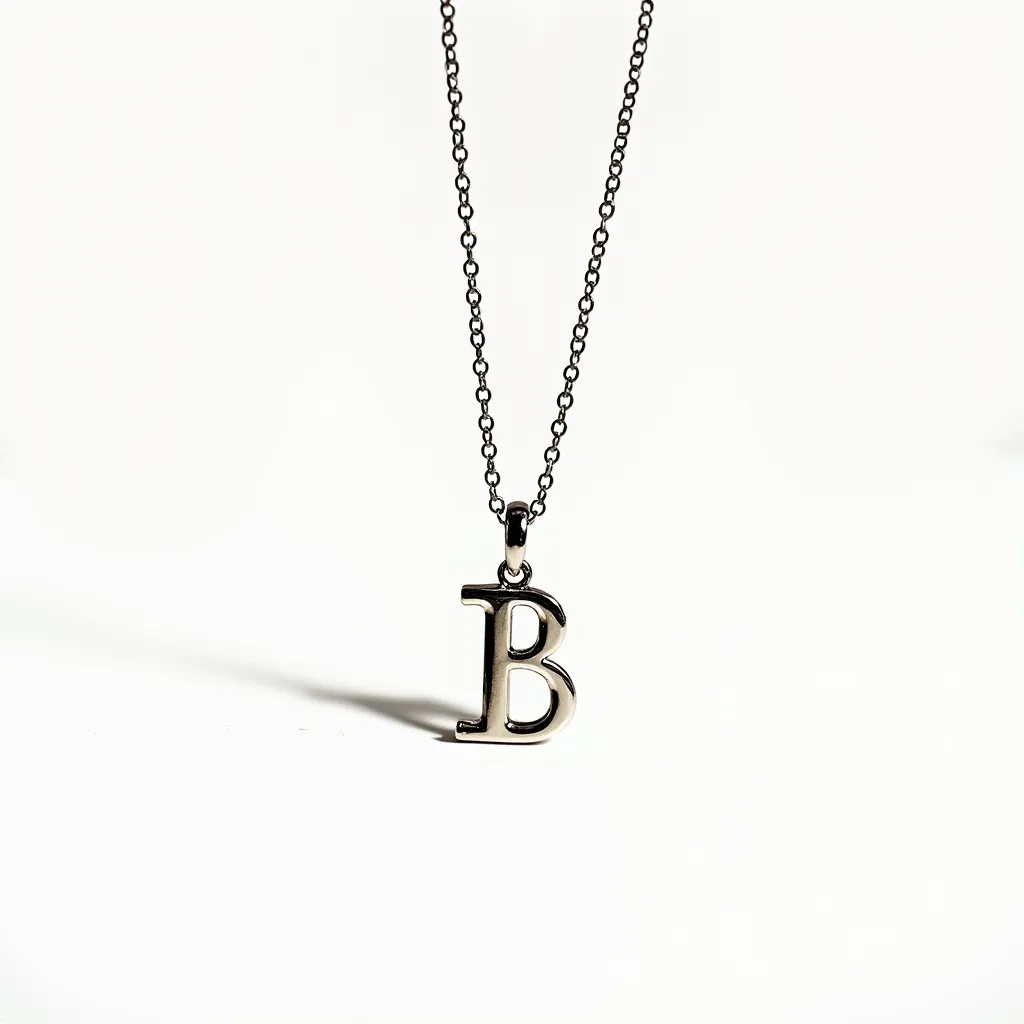 This letter necklace features a sleek metallic "B" pendant, crafted likely from stainless steel or a similar silver-toned metal, providing a polished and contemporary look. The pendant hangs from a delicate, chain link necklace, offering a minimalist style. The attachment point is a small bail connecting the pendant to the chain, ensuring seamless placement. This necklace does not feature any gems or stones, focusing on the clean lines of the metal, and includes a standard clasp at the back, contributing to both aesthetic appeal and functionality.