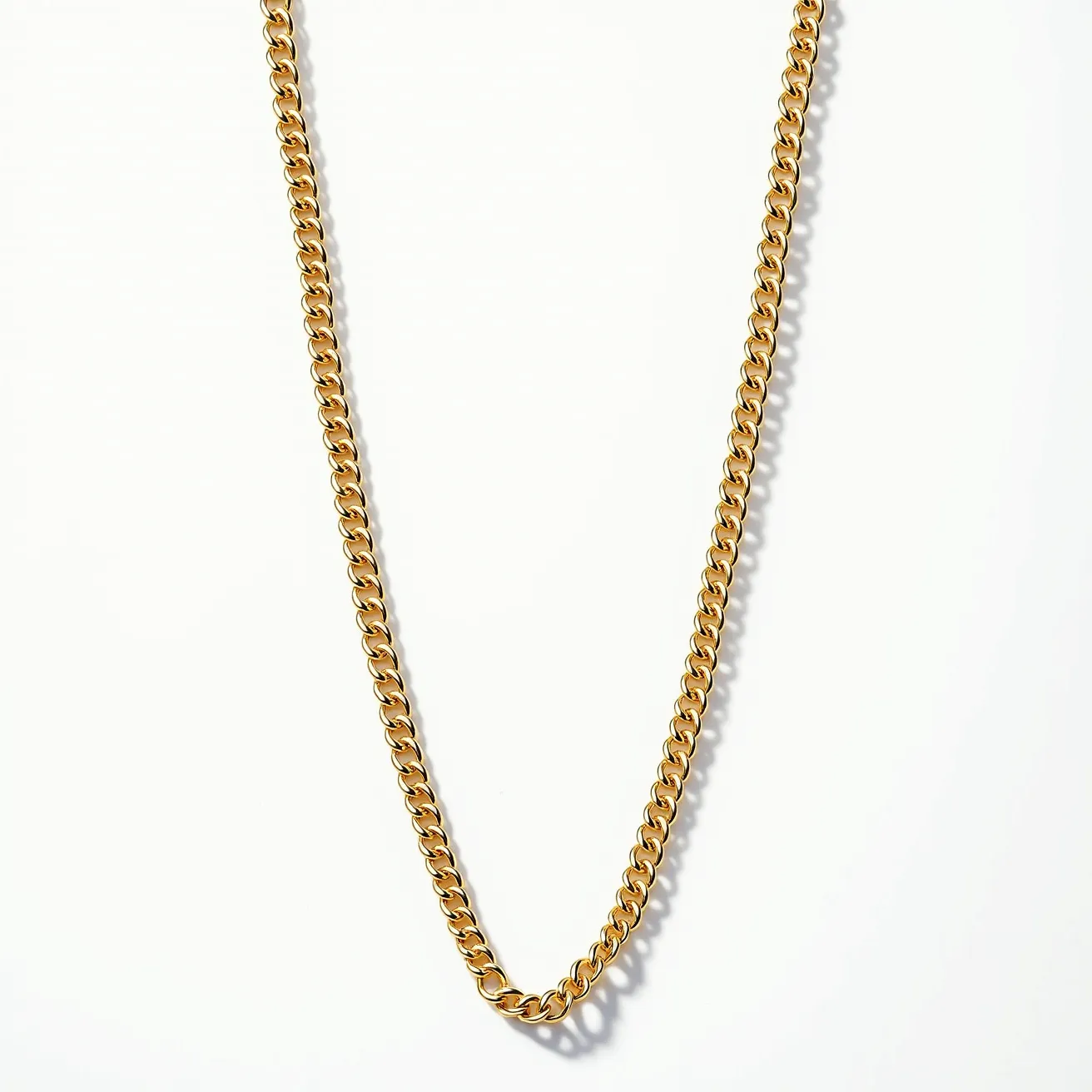 This link necklace features a series of uniform, closely connected links crafted from a golden-hued metal, giving it a sleek and polished appearance. The links are likely designed in a classic curb chain style, characterized by their smooth, flattened interlocking links that lay flat against the skin. No gemstones are incorporated, maintaining the necklace's simple, elegant metal aesthetic. The necklace likely has a secure clasp, such as a lobster or spring ring clasp, though it is not visible. The focus remains on the consistent and lustrous gold tone, providing a timeless and versatile accessory.