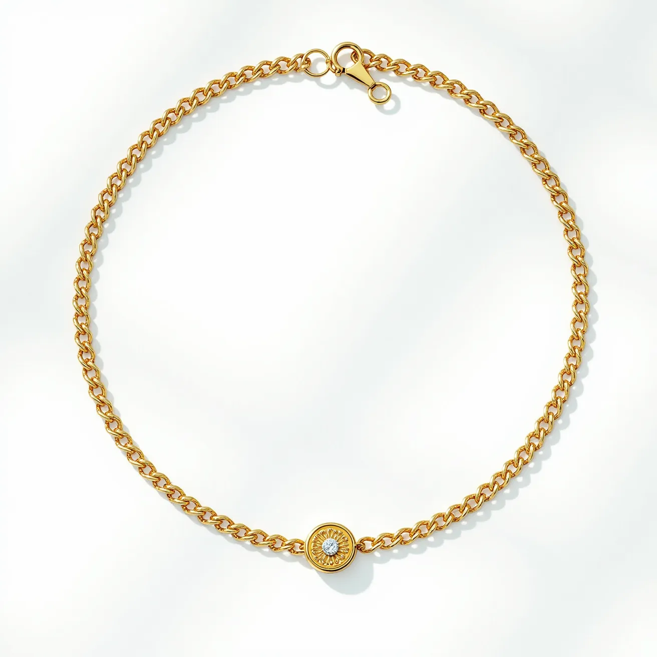 This link necklace is crafted from polished gold metal with interlocking chain elements that contribute to its fluidity and elegance. At the center, it features a round charm adorned with a single, brilliant-cut diamond set in a bezel, which adds a touch of sparkle to the piece. The necklace is finished with a lobster claw clasp, providing a secure and easy-to-use fastening method. The minimalistic design emphasizes the fine craftsmanship and luxurious materials used in its creation.