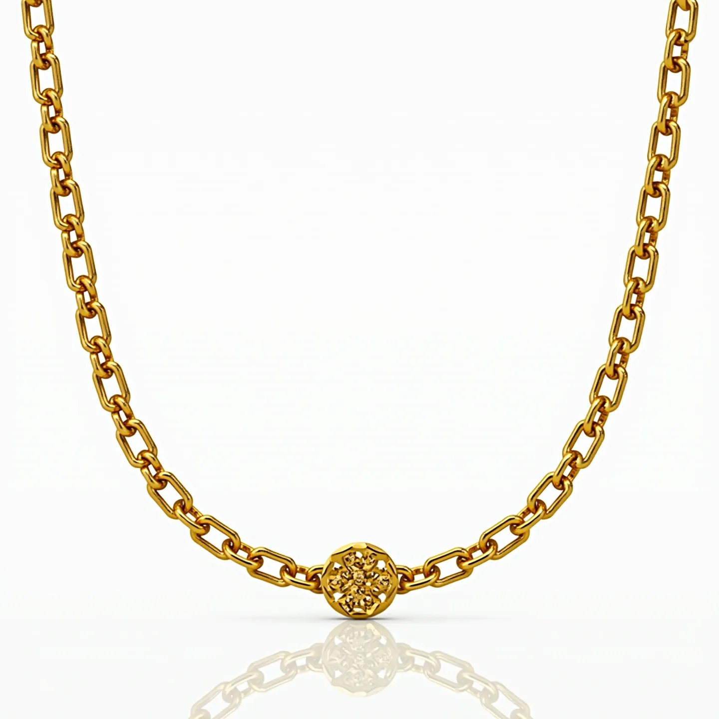 This link necklace features a classic chain design crafted from a warm, golden metal. At its center, there is a standout element: a round, embedded cluster of small faceted gems, enhancing its elegance and sparkle. These gems are set securely within a circular bezel setting, adding to the overall sophistication. The links of the chain are uniform in size, showcasing a smooth, polished finish that complements the central gem arrangement. The necklace is completed with a standard clasp, ensuring a secure fit.