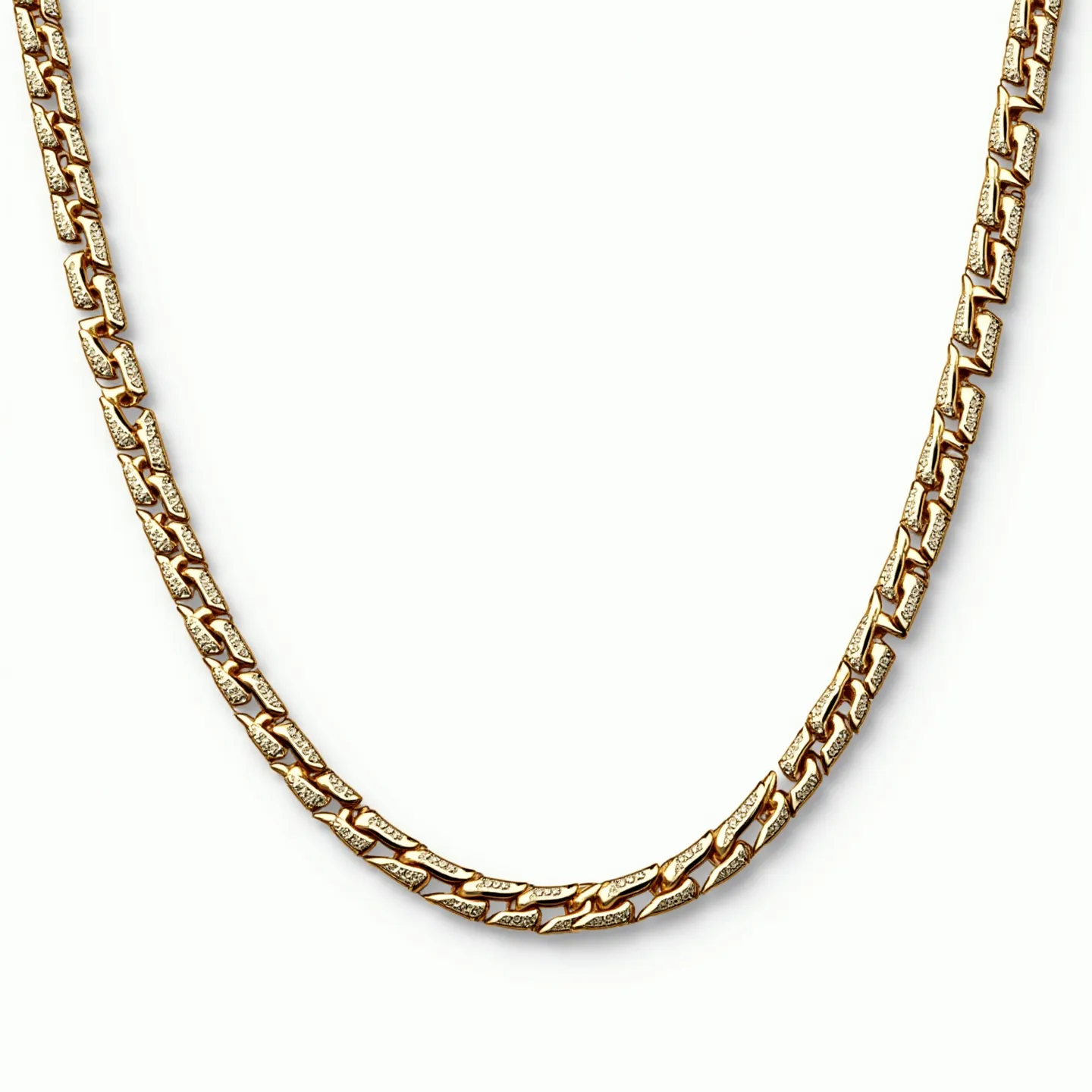 This link necklace features interlocking links crafted from gold, showcasing a polished finish that reflects light beautifully. Each link is adorned with small, round-cut diamonds set into one side of the links, adding a layer of sparkle and sophistication. The stones are securely set in a channel setting, allowing them to sit flush with the gold surface, which enhances the overall sleek and modern aesthetic of the piece. The clasp is an elegant, seamless design that blends into the chain, ensuring both security and style without disrupting the uniformity of the necklace's appearance.