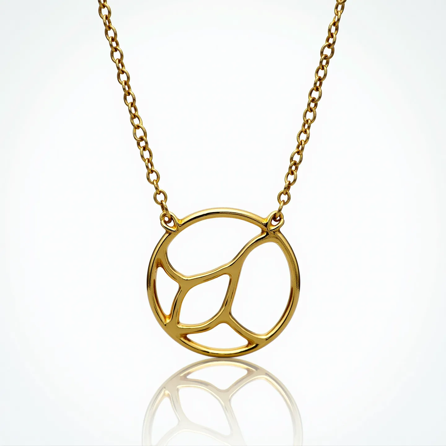 This link necklace features a delicate gold chain that supports a circular pendant with a stylized, abstract design resembling flowing organic shapes. The pendant is crafted from the same gold material as the chain, offering a cohesive and matching aesthetic. The chain links are small and uniformly connected, adding elegance and refinement to the overall design. The necklace is secured with a simple yet functional clasp that complements the minimalistic and sophisticated style of the piece, making it an ideal accessory for various occasions.