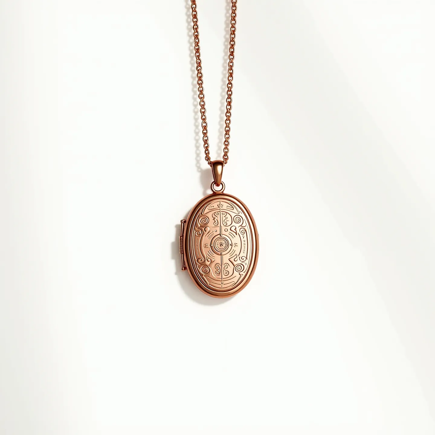 This locket necklace features an intricately designed oval locket, crafted from a material that has a rose gold appearance, offering a warm, elegant glow. The locket showcases ornate engravings, adding a touch of vintage charm and sophistication. It hangs from a matching rose gold chain with a standard link design, ensuring a complementary and cohesive look. The locket is attached to the chain via a delicate bail, allowing for graceful movement. The design of the necklace is classic and versatile, suitable for both everyday wear and special occasions.