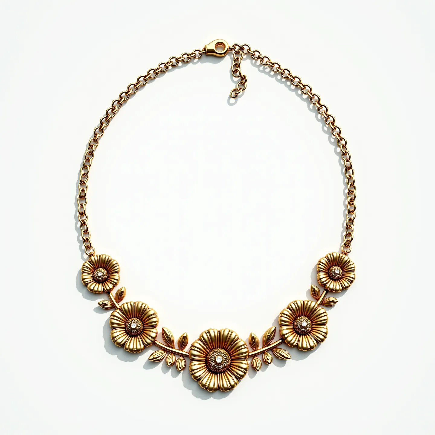 This long gold necklace features a chain made of interconnected gold links, leading to an intricate arrangement of floral motifs at the center. Each flower is crafted from gold, with petals radiating from a central circular gem that appears to be a round cut. The gem is securely set in the center of each flower, enhancing the design's elegance. Leaf accents add further detail between the floral elements, enhancing the organic theme of the piece. The necklace is secured with a standard lobster clasp, allowing for easy fastening and adjustment.