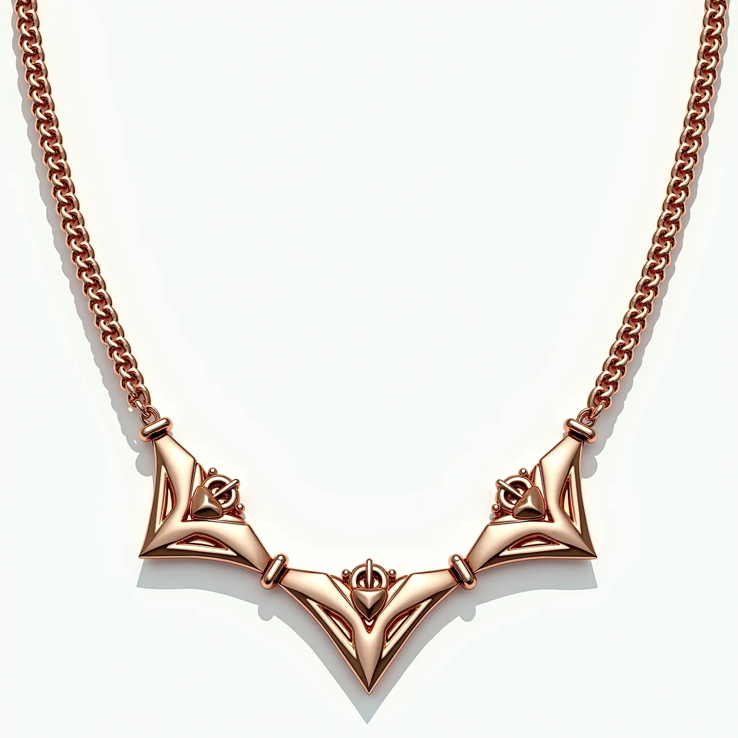 This long gold necklace features a series of triangular and intricate geometric metal elements, likely crafted from rose gold, giving it a warm, rich hue. The design incorporates an elegant chain that seamlessly connects each element, enhancing the flow and continuity of the piece. Central to the design are stylized motifs resembling crowns or floral shapes, strategically placed for a balanced aesthetic, adding an elegant touch. The necklace likely employs a secure clasp, such as a lobster clasp or a spring ring, ensuring functionality while maintaining its sophisticated appearance.