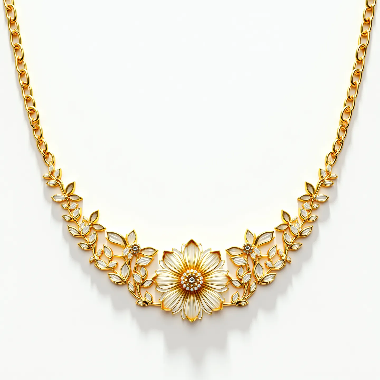 This long gold necklace features an intricate design with a series of delicate floral patterns, where each flower is linked by a series of gold leaves. The central focus of the necklace is a large, beautifully crafted flower that sits prominently at the front. The petals of the flower are outlined in gold and filled with white, creating a striking contrast. At the heart of the flower, small round-cut diamonds are set in a cluster, adding elegance and sparkle. Smaller flowers on either side are similarly designed, with tiny diamonds at their centers, enhancing the overall opulence of the piece. The necklace is connected by a series of chain links, providing both durability and style, and is secured with a traditional gold hook clasp ensuring it can be easily fastened and unfastened.