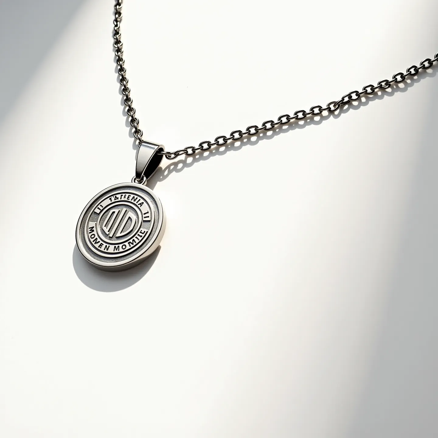 This men's necklace features a robust chain crafted from what appears to be stainless steel, known for its durability and subtle shine. The chain is linked to a circular pendant embossed with a detailed design and text, highlighting an intricate pattern, possibly signifying a brand or personal emblem. The pendant is securely attached to the chain with a polished bail that complements the overall sleek design. There are no visible gemstones or elaborate settings on the pendant, ensuring a clean, modern aesthetic. The necklace appears to utilize a standard clasp mechanism, likely a lobster clasp, which is renowned for providing reliable closure and ease of use.