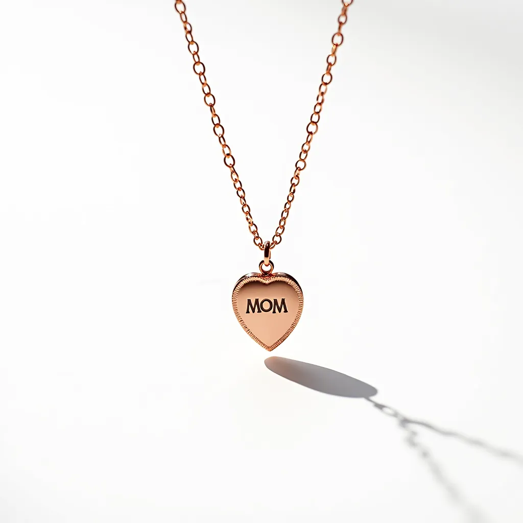 This mom necklace features a delicate heart-shaped pendant with the word "MOM" engraved at its center, made with a warm, rose gold-tone metal. The pendant has a smooth texture and is bordered with a subtle, textured design that enhances its elegance. It hangs from a simple, matching rose gold-tone chain composed of oval links, providing a graceful and classic look. The necklace is likely secured with a standard clasp, ensuring ease of wear.