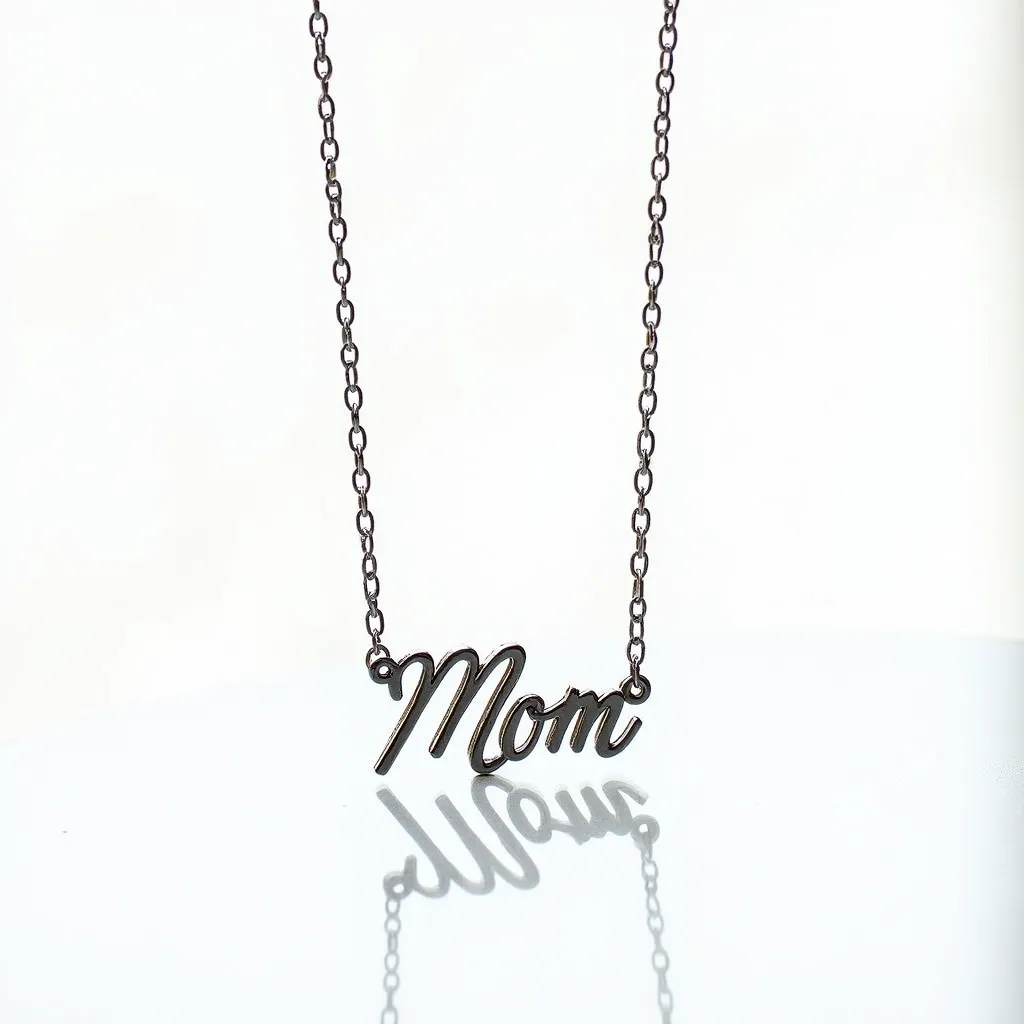 This mom necklace features a minimalist design with a chain crafted from a dark-toned metal, possibly stainless steel or a base metal with an oxidized finish. The centerpiece of the necklace is the word "Mom" sculpted in a stylish script, seamlessly integrated into the chain without any additional connections or stones. The pendant has a smooth and polished surface, enhancing its sleek aesthetic. The necklace includes a simple link chain, likely fastened with a standard clasp mechanism, providing both functionality and elegance.