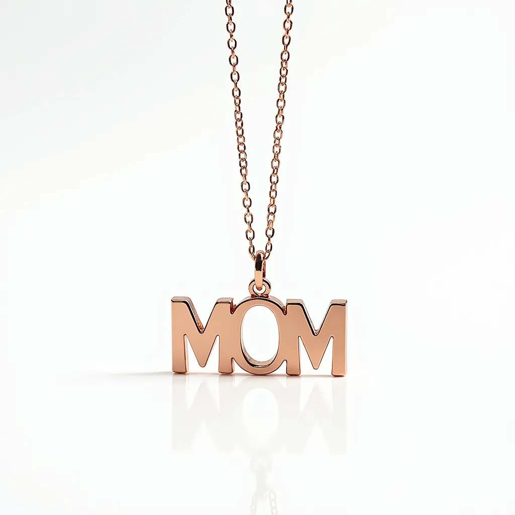 This mom necklace features a polished metal pendant in the shape of the word "MOM," crafted from rose gold-plated material, which gives it a warm, pinkish hue. The pendant is presented in a sleek, modern font, hanging from a delicate chain that complements the design with its subtle shine. The connection between the pendant and the chain is made through a small, unobtrusive loop that allows the pendant to hang securely. The chain type is likely a cable chain, adding to the necklace's elegant simplicity. The necklace is secured with a standard spring ring clasp, offering both ease of use and reliability for everyday wear.