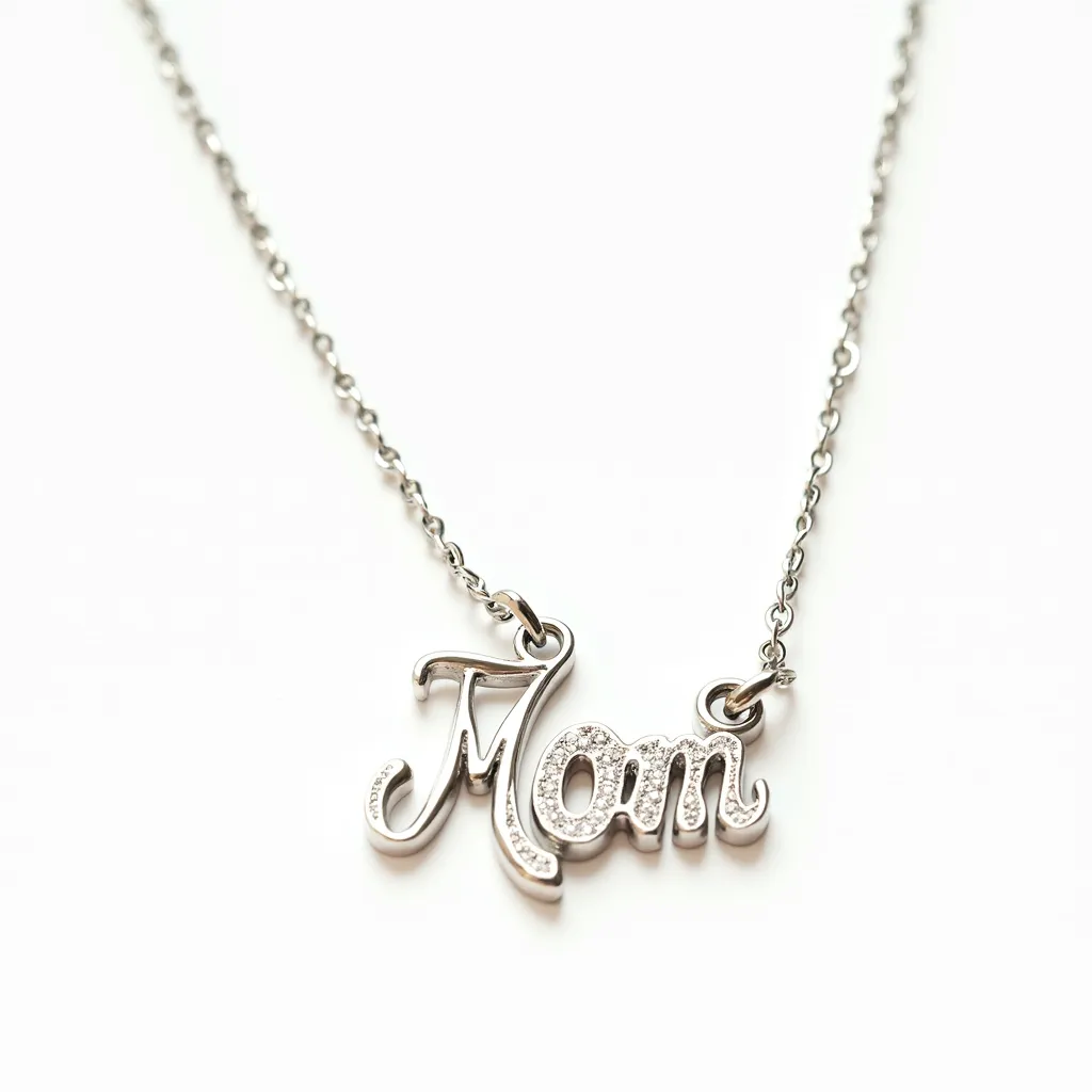 This mom necklace features a delicate chain and a pendant spelling out the word "Mom" in a flowing script. The pendant appears to be crafted from a silver-toned metal, and the letters are embellished with small, sparkling gemstones set within the surface, likely diamonds or cubic zirconia, enhancing its elegance. The gemstones are set in a pave setting, which allows them to catch light from various angles. The chain is a simple link style that complements the pendant's design. It likely includes a standard lobster or spring-ring clasp for secure fastening. The overall design blends simplicity with a touch of shimmer, making it a lovely, understated piece of jewelry.