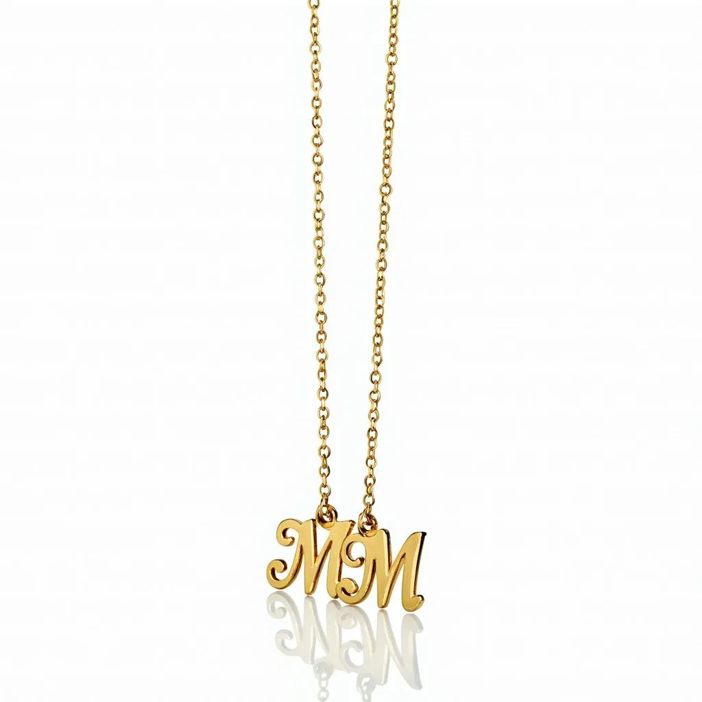 This mom necklace features a delicate chain crafted from gold-colored metal, showcasing a classic and elegant style. The necklace is adorned with two pendants that form the word "MOM" in a stylish script font. Each letter is individually attached to the chain, allowing for slight movement and adding dynamic charm to the overall design. The chain links are small and uniform, contributing to a sleek and sophisticated appearance. There are no visible gems or stones incorporated into this piece, and it appears to rely on the metalwork for its aesthetic appeal. The clasp type is not visible, but it likely complements the necklace's refined simplicity, ensuring secure wear while maintaining seamless elegance.