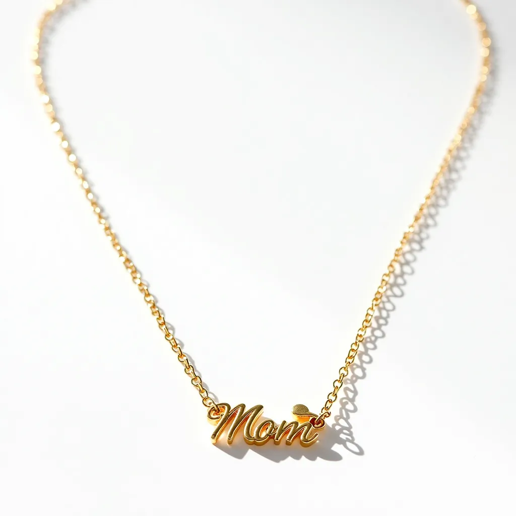 This mom necklace features a delicate gold-toned chain with a beautifully crafted "Mom" pendant. The chain links are small and evenly spaced, creating an elegant and subtle appearance. The "Mom" pendant is designed in a script font, adding a personal touch to the piece. It appears to be made of a gold-like material that complements the chain. There are no visible gemstones or elaborate settings on the necklace, offering a clean and minimalist design. The necklace likely includes a simple clasp, such as a lobster clasp, for secure attachment and easy wear.