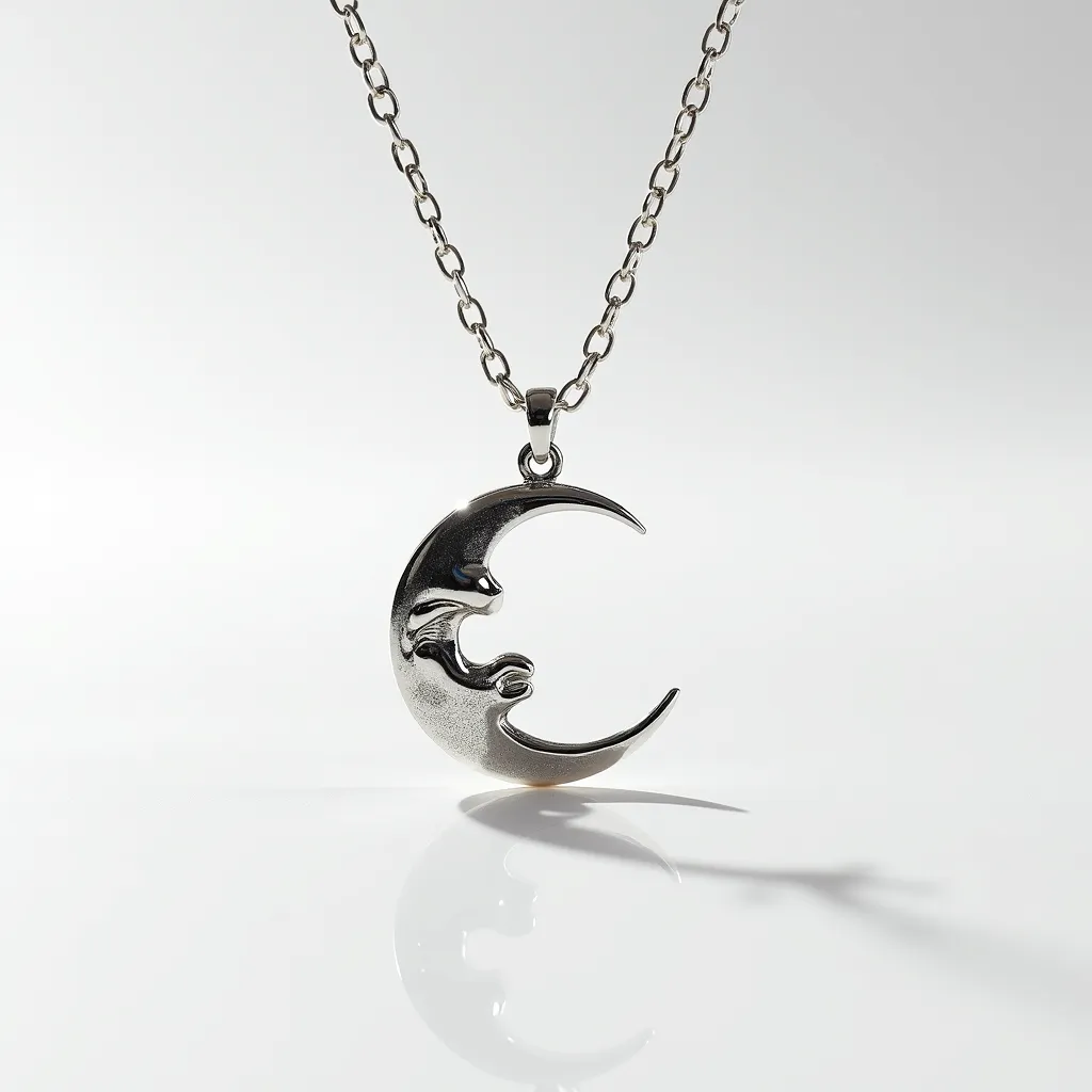 This celestial moon necklace features a crescent moon pendant crafted from a polished silver-toned metal. The moon design elegantly captures a serene expression, with the smooth surface reflecting light subtly. The pendant hangs from a silver-toned chain, which is composed of interlinked oval links, providing both durability and a classic aesthetic. It is attached with a simple lobster clasp, ensuring a secure fastening while allowing for ease of use. The absence of additional stones or embellishments contributes to a minimalist and timeless appeal, making this necklace versatile for various occasions.