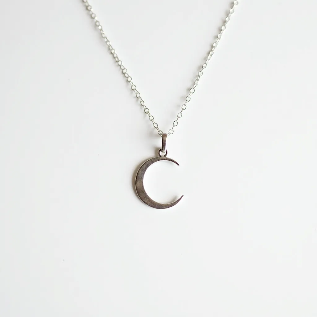 This celestial moon necklace features a delicate chain likely made from a fine metal such as silver or stainless steel. The pendant is a crescent moon crafted from a similar material as the chain, exhibiting a smooth, polished finish. The moon hangs from a small, sturdy loop that ensures it stays securely attached to the chain. The necklace is connected by a simple clasp, typically a spring ring or lobster clasp, which adds to its elegant yet minimalist design. There are no additional gemstones or adornments, emphasizing the sleek and understated nature of the piece.