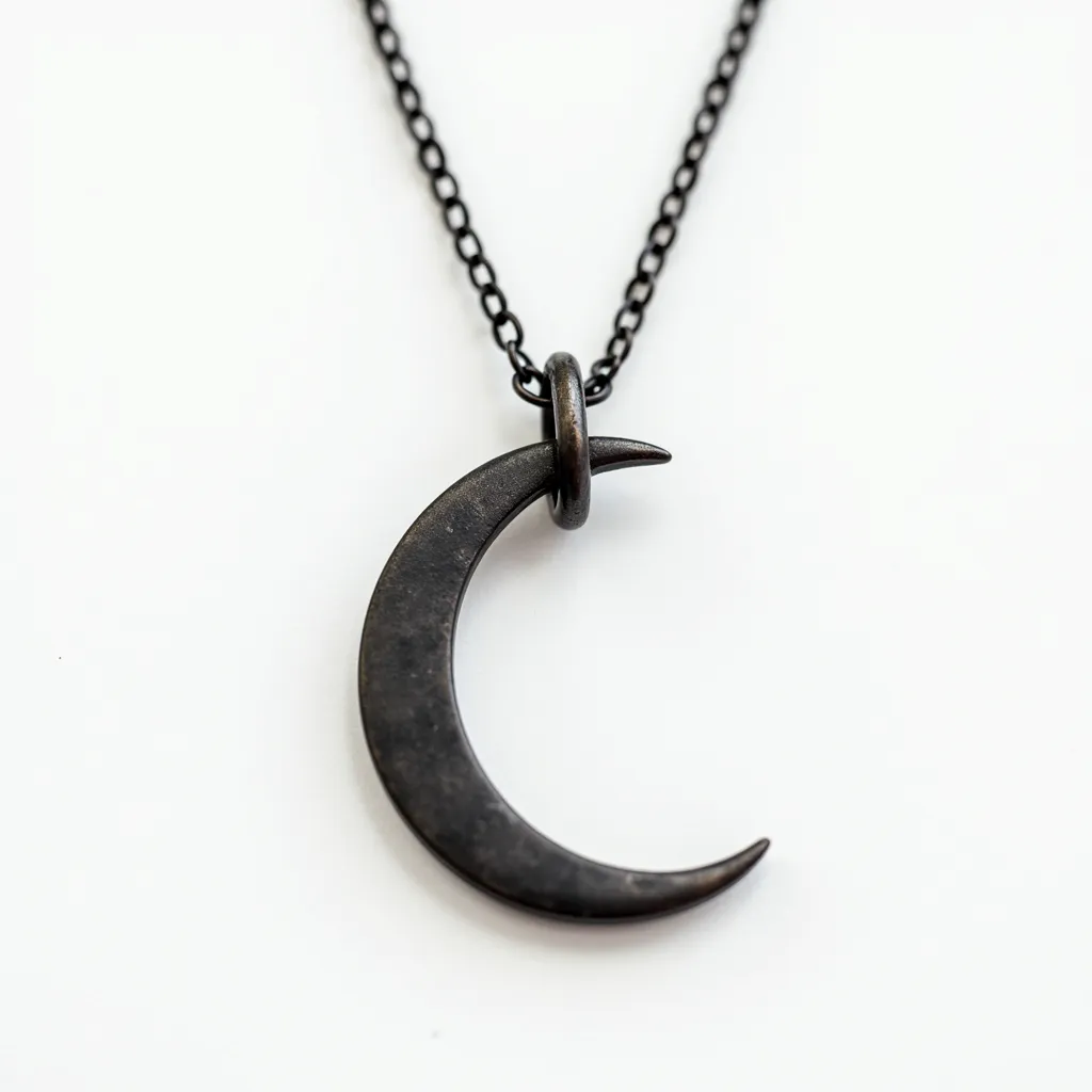 This celestial moon necklace features a crescent-shaped pendant made from a dark, possibly oxidized metal, giving it a vintage or rustic appearance. The crescent hangs from a matching metal ring, which is seamlessly attached to a fine chain, adding to its delicate yet bold design. The chain is likely made from a similar, durable material with a uniform, subtle finish. The necklace is fastened with a simple and elegant clasp, ensuring a secure closure while maintaining the piece's overall sophistication. The absence of gemstones highlights the minimalist charm and celestial inspiration behind the design.