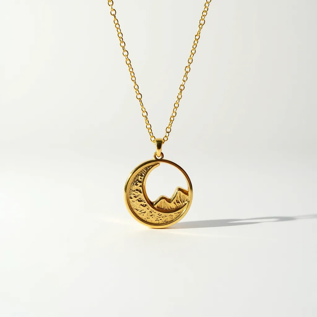 This celestial moon necklace features a beautifully crafted gold pendant shaped like a crescent moon, adorned with intricate textures that evoke the craters and surface of the moon. The pendant also incorporates a silhouette of mountains within the crescent, offering an artistic depiction of scenery beneath a lunar sky. The necklace is attached to a fine gold chain, characterized by a series of oval links that provide a delicate yet sturdy connection. The chain is secured with a sleek clasp, ensuring ease of wear while complementing the overall elegant design.