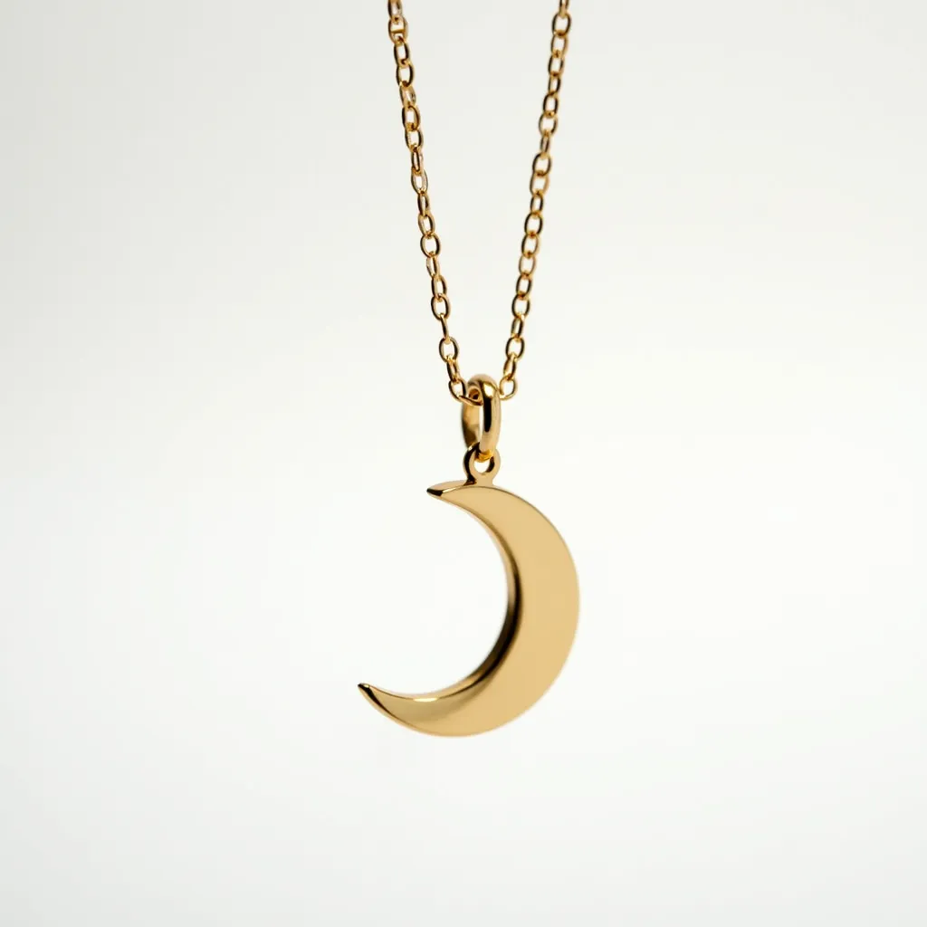 This celestial moon necklace features a delicately crafted crescent moon pendant, likely made from a polished gold-toned metal, creating a sleek and shiny appearance. The pendant hangs from a series of interlinked chains, which match the pendant in color and finish, suggesting a cohesive design and material choice. The necklace is equipped with a classic jump ring bail that securely attaches the pendant to the chain, allowing for smooth movement. The simplicity of the design emphasizes the elegant curvature of the crescent moon, offering a minimalist yet celestial vibe that is both timeless and enchanting.