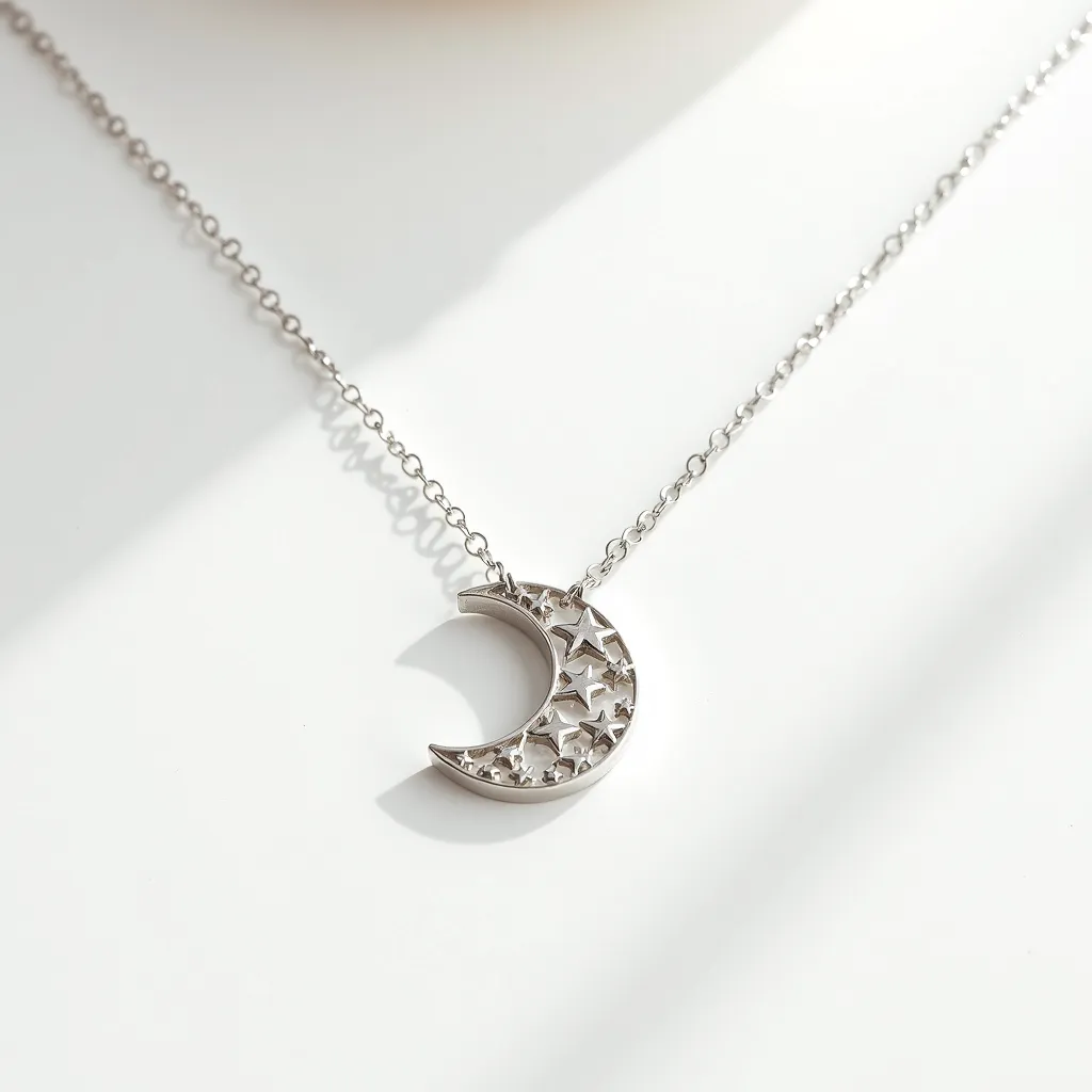 This celestial moon necklace features a crescent moon pendant crafted from a silver-toned metal, giving it a sleek and modern aesthetic. The moon’s surface is adorned with intricate star cutouts, adding a whimsical and artistic touch. It is suspended from a delicate silver-toned chain, which enhances its elegant design. The necklace is likely to be secured with a simple clasp, ensuring ease of wear. This piece epitomizes a blend of simplicity and beauty, making it a charming accessory for any occasion.