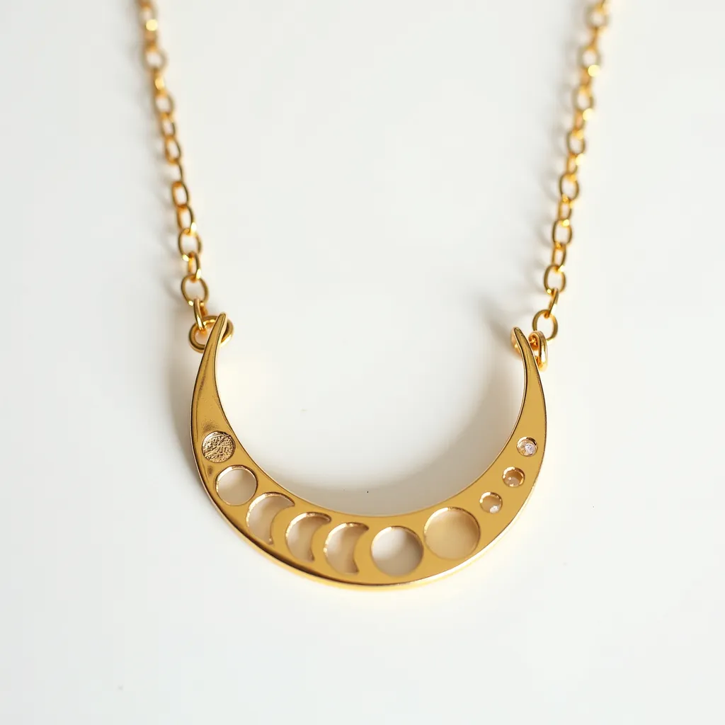 This celestial moon necklace features a crescent moon pendant crafted from shiny gold-toned metal. The design is elegantly simple, showcasing the various phases of the moon with intricate cut-outs along the arc. Small, clear gemstones are set into the pendant, adding subtle sparkle to the already radiant piece. The necklace is complemented by a fine gold chain, seamlessly attached to the pendant through small loops on either end. It is secured with a standard clasp, ensuring a secure fit while maintaining the necklace's graceful aesthetic.