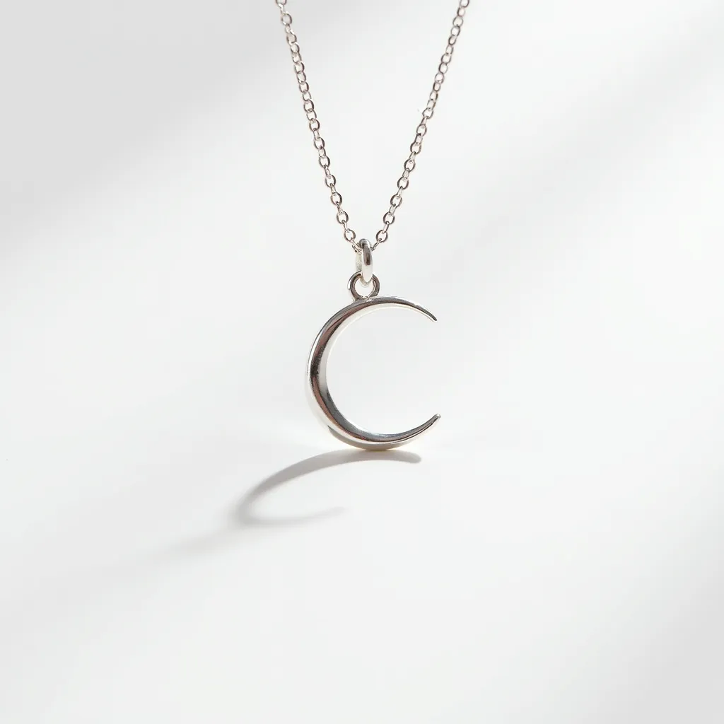 This celestial moon necklace features a delicate crescent moon pendant crafted from polished metal, likely sterling silver given its bright sheen. The smooth, curved design of the crescent is elegant and minimalistic, hanging from a fine chain that complements the overall aesthetic. The pendant is affixed to the chain by a simple loop attachment, ensuring a secure fit. The necklace is equipped with a standard clasp, likely a spring ring or lobster clasp, providing ease of wear and reliability. The simplicity and elegance of this piece make it versatile for both casual and formal occasions.