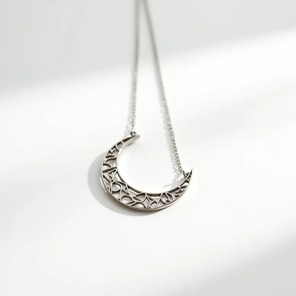 This celestial moon necklace features a gracefully crafted crescent design made from a polished silver metal, giving it a sleek and contemporary appearance. The crescent is adorned with an intricate cut-out pattern, creating a delicate and airy aesthetic. It's suspended from a fine, matching silver chain, which adds to its elegant simplicity. There are no visible gems or stones embedded in the design, allowing the focus to remain on the intricate metalwork. The necklace likely uses a standard clasp for secure fastening, ensuring it sits beautifully when worn.