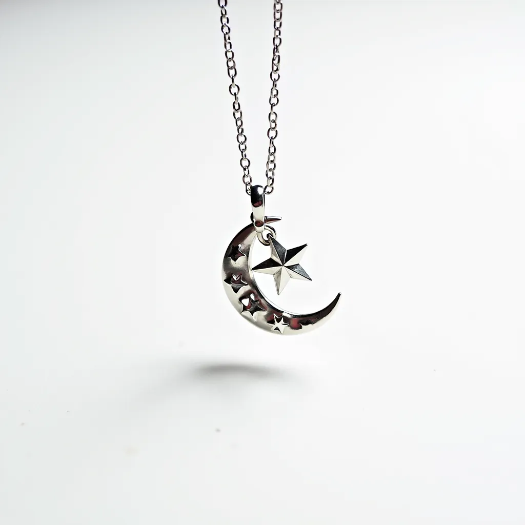 This celestial moon necklace features a delicate chain with a crescent moon pendant, crafted from a shiny metal, likely sterling silver or similar. The crescent moon is adorned with small star-shaped cutouts, adding texture and depth to the design. Hanging from the crescent is a three-dimensional star that complements the lunar theme. The chain appears to have a simple yet secure clasp, ensuring that the necklace can be worn comfortably and safely. Overall, the design is both elegant and whimsical, making it a versatile accessory.