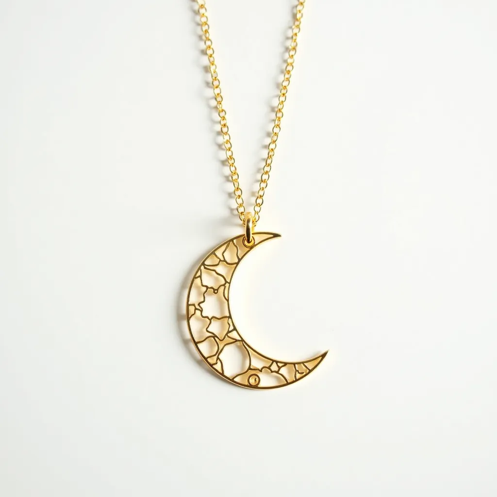 This celestial moon necklace features a crescent moon pendant crafted from a gold-toned metal, showcasing a delicate openwork pattern of stars and circles. The pendant is suspended from a fine golden chain, giving it an elegant, sophisticated appearance. The chain is connected to the pendant through a small, simple loop attachment, ensuring a seamless design. The necklace’s chain likely employs a standard clasp mechanism for secure fastening, completing the piece with a blend of celestial inspiration and refined craftsmanship.