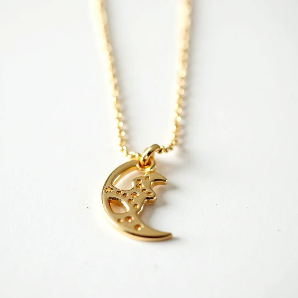 This celestial moon necklace features a delicately crafted crescent moon pendant made from a polished golden metal, giving it a luminous and elegant appearance. The surface of the crescent is adorned with intricate details, including small cut-out stars and circles that add to its celestial theme. Attached to a fine chain, the pendant is suspended via a simple loop connection, ensuring smooth movement and a minimalistic aesthetic. The chain itself is composed of small, round links, providing a subtle shine that complements the gold tone of the pendant. Clasping the necklace is a lobster clasp, a practical and secure choice that offers ease of wear. This piece embodies a harmonious blend of celestial charm and understated elegance.