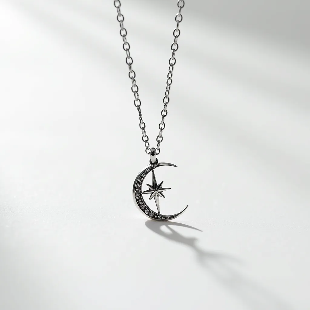 This celestial moon necklace features a delicate silver-toned chain and a crescent moon pendant. The crescent is adorned with small, bright stones, likely diamonds or cubic zirconia, set in a sparkling pave setting along its curve. Within the crescent, an abstract star design adds a celestial accent, complementing the overall theme. The attachment appears to be a standard jump ring that securely connects the pendant to the chain. The necklace likely uses a basic clasp mechanism for closure, providing a blend of elegance and practicality in its design.