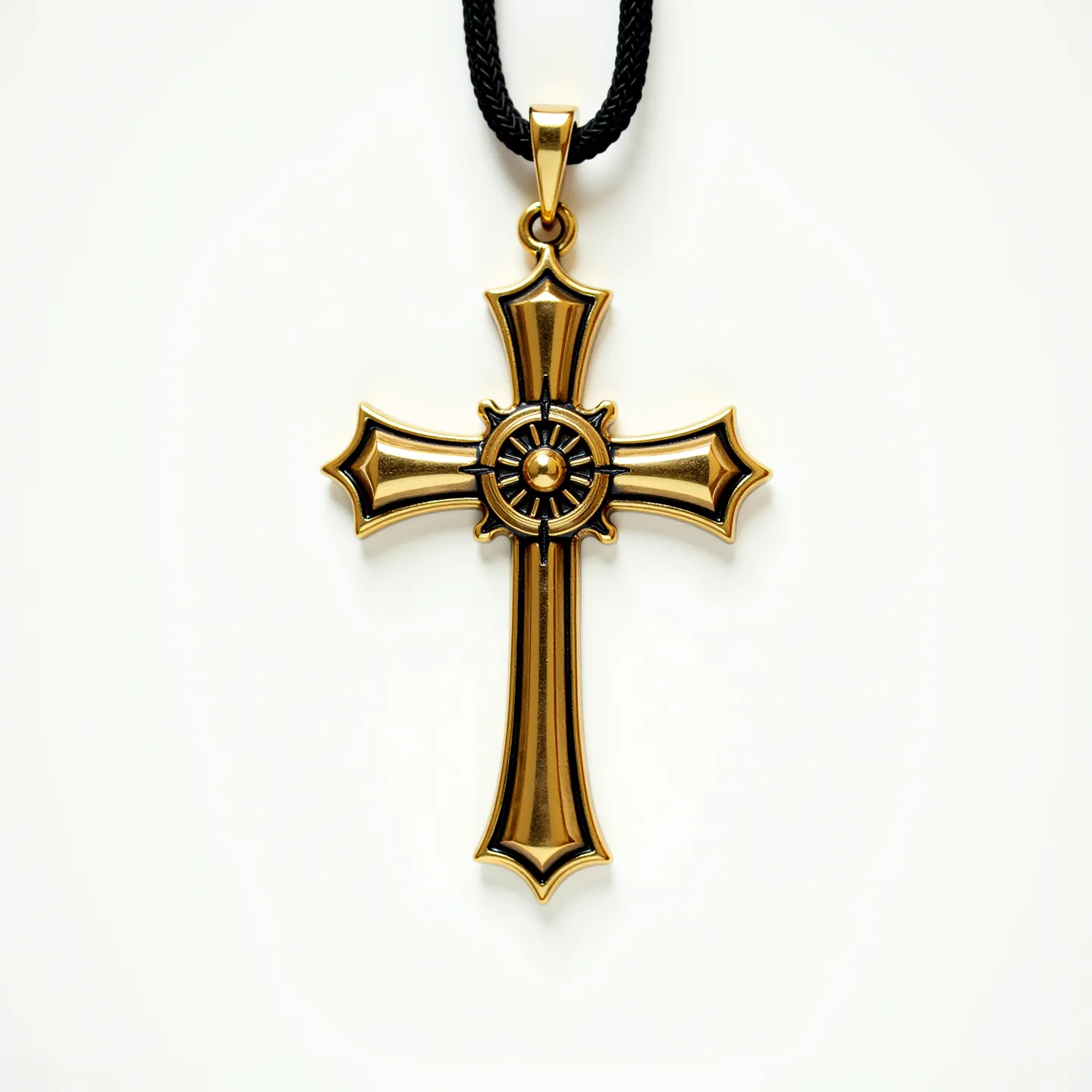 This nail cross necklace is crafted from a gold-toned metal featuring a detailed and symmetrical design, resembling the structure of medieval heraldry. The central motif appears to be a wheel with spokes, adding an intricate layer to the cross itself. The edges of the cross are flared with decorative points, enhancing its ornate appearance. The necklace is attached to a black, tightly braided cord, contributing to its bold and striking aesthetic. The pendant is suspended from a simple, polished bail that seamlessly integrates with the overall design.