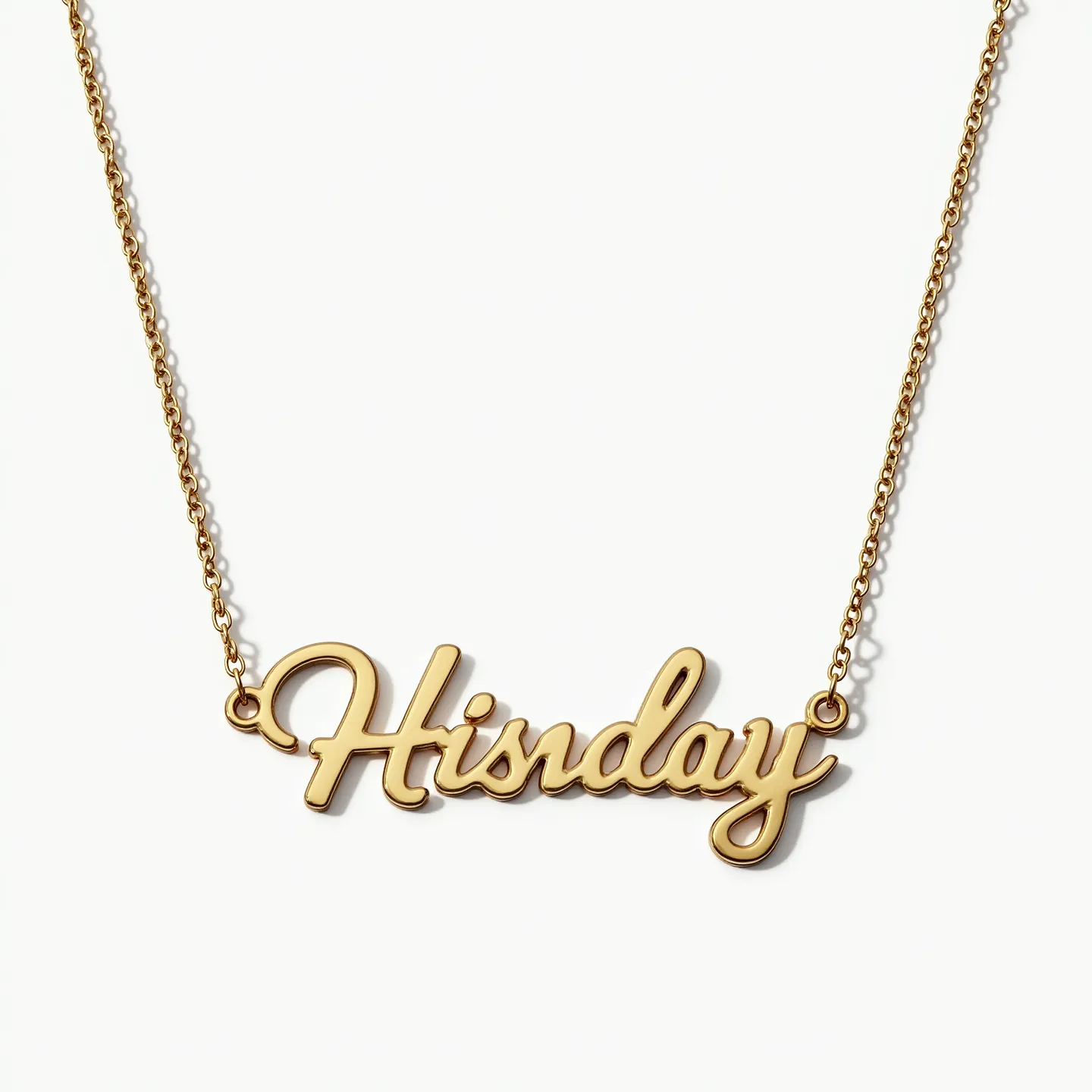 This name chain necklace features a sleek and shiny gold-tone finish, giving it a classic and elegant appearance. The name "Hisday" is intricately crafted in a cursive style, emphasizing its personalized nature. The necklace is attached to a delicate chain through loops at the initial letter, allowing the nameplate to sit centrally when worn. The chain is designed with small, interlocking links, providing a subtle yet sturdy support for the nameplate. It is equipped with a secure clasp that ensures it can be easily put on or taken off. The polished finish of the metal contributes to its refined aesthetic, making it suitable for various occasions.