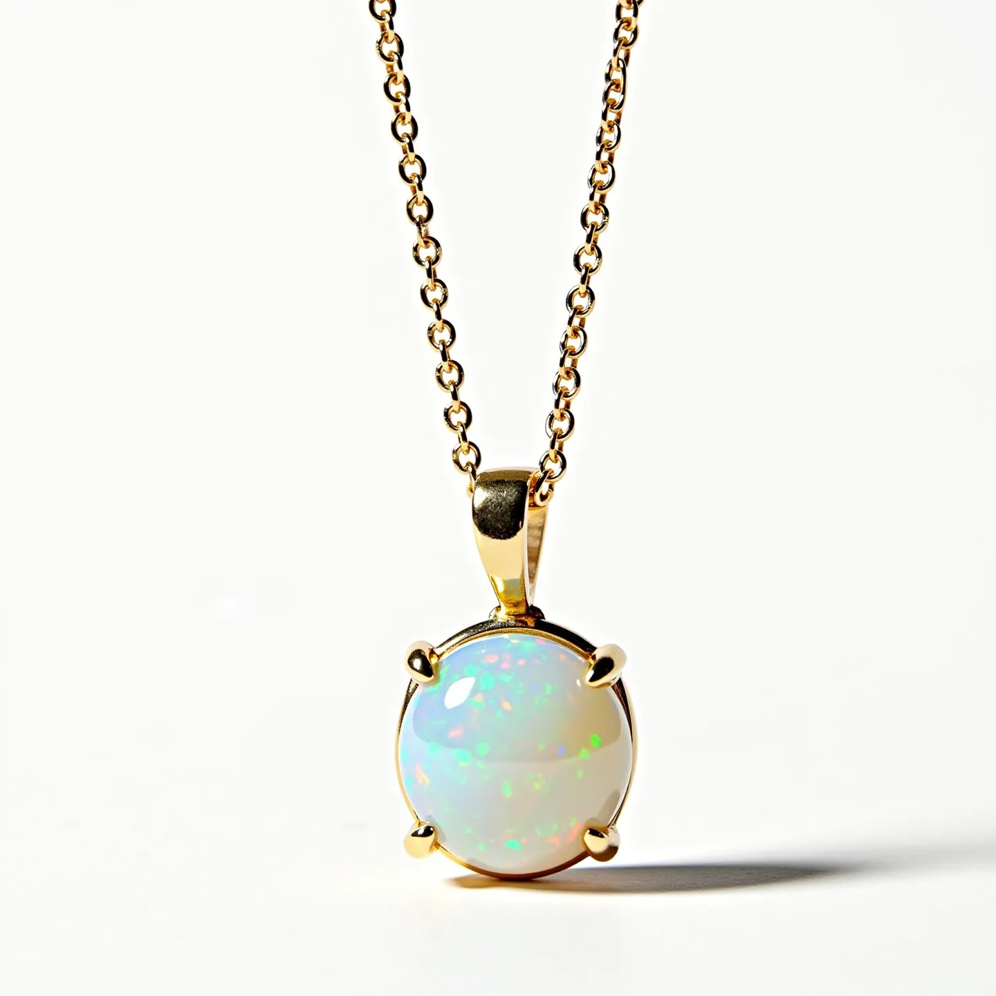 This opal necklace features a radiant opal gemstone, which is set in a classic round cabochon cut. The opal showcases a captivating play of color, with flashes of green, blue, and orange. It is elegantly mounted in a four-prong setting made of gold, which enhances the gem's iridescence while providing secure hold. The pendant hangs from a delicate gold chain, offering a harmonious blend of elegance and simplicity. The necklace is completed with a sturdy gold clasp, ensuring both functionality and style.