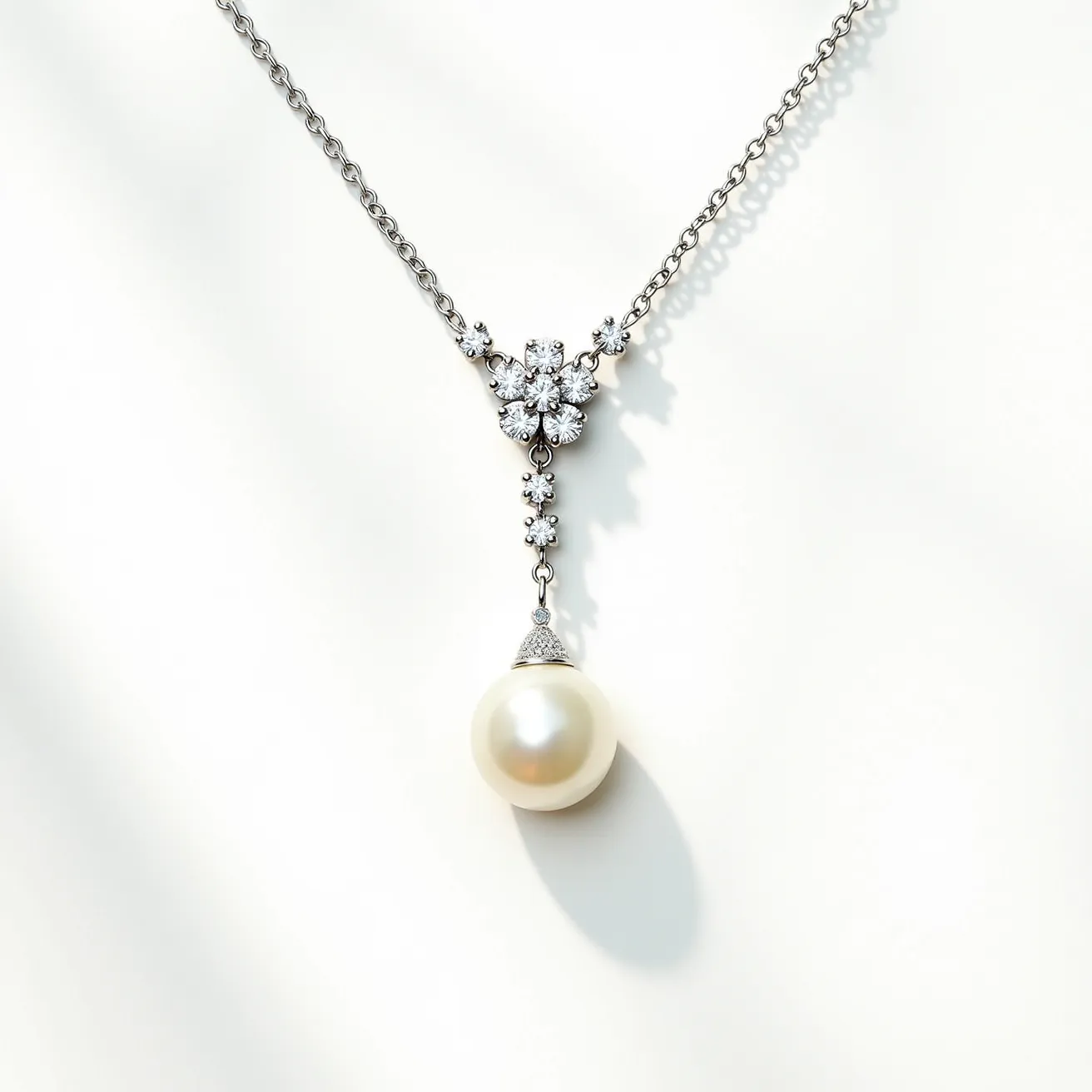 This pearl necklace features a prominent, lustrous round pearl as its centerpiece, elegantly suspended from a delicate chain. The chain appears to be a sleek, polished metal, likely silver or white gold. Above the pearl, there is an intricate floral motif made up of small, round-cut diamonds, adding a touch of sparkle and sophistication. The diamonds are prong-set, ensuring they catch the light beautifully. The clasp is not visible, but the overall design suggests a refined and exquisite craftsmanship that complements formal and elegant occasions.