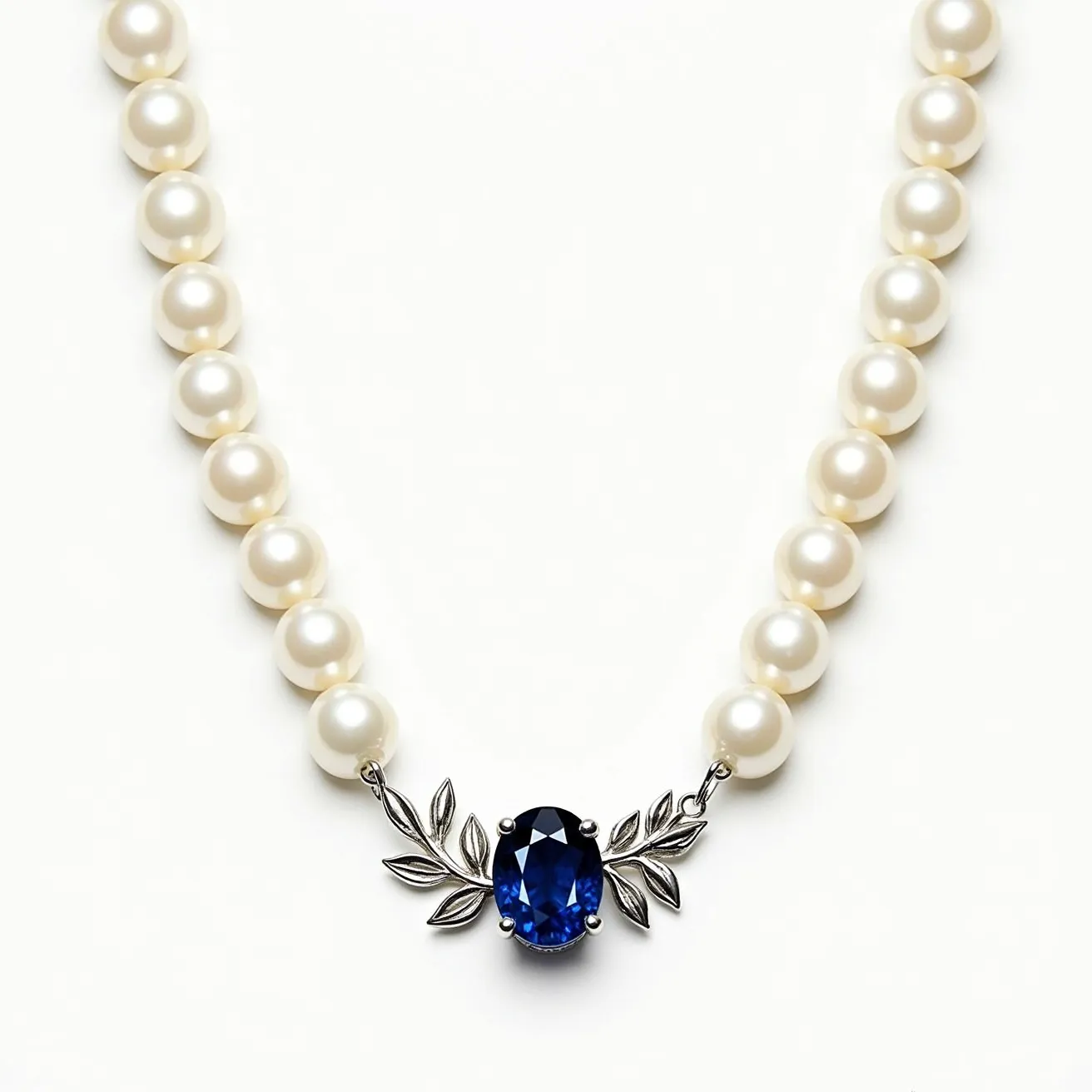 This pearl necklace features a series of lustrous, round pearls that are elegantly arranged in a single strand. At the center, it showcases an oval-cut blue gemstone, likely a sapphire, which is prong-set and accented by delicate silver or white gold leaves on either side, adding a touch of nature-inspired elegance. The contrast of the deep blue gem against the soft white pearls highlights a classic and refined aesthetic. The overall design suggests a sophisticated piece that could complement both formal and casual attire.