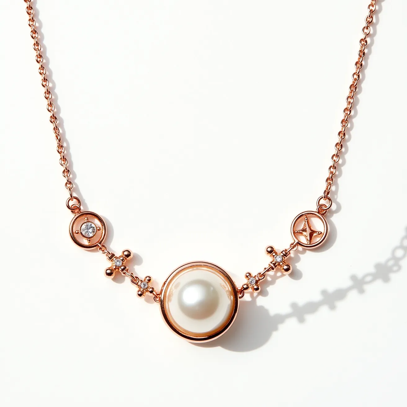 This pearl necklace features a central, lustrous pearl set in a rose gold-toned bezel setting, elegantly accented by delicate metalwork. The design includes a round, faceted gemstone set in a smaller rose gold circle to one side of the pearl. The other side showcases a decorative rose gold element with a star motif. Small round metal beads and tiny sparkling crystals are interspersed on either side, connected to the rose gold chain that unites the various elements into a cohesive, sophisticated piece. The chain appears to include a standard clasp for secure closure.